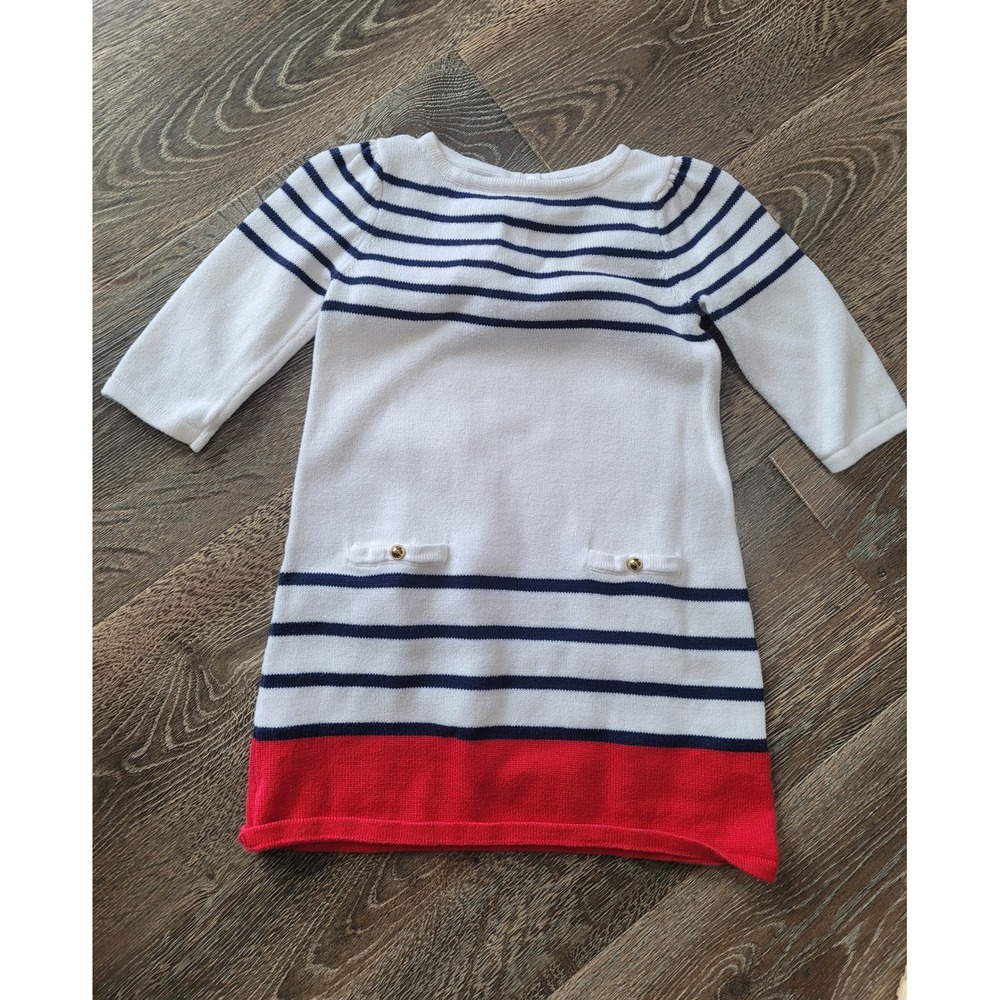 Janie & Jack Girls Dress Nautical Sailor Stripe White Blue Red Gold Accents 3 #2